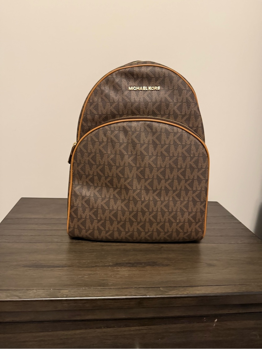Michael Kors Brown MK Monogram Backpack with Tan Trim